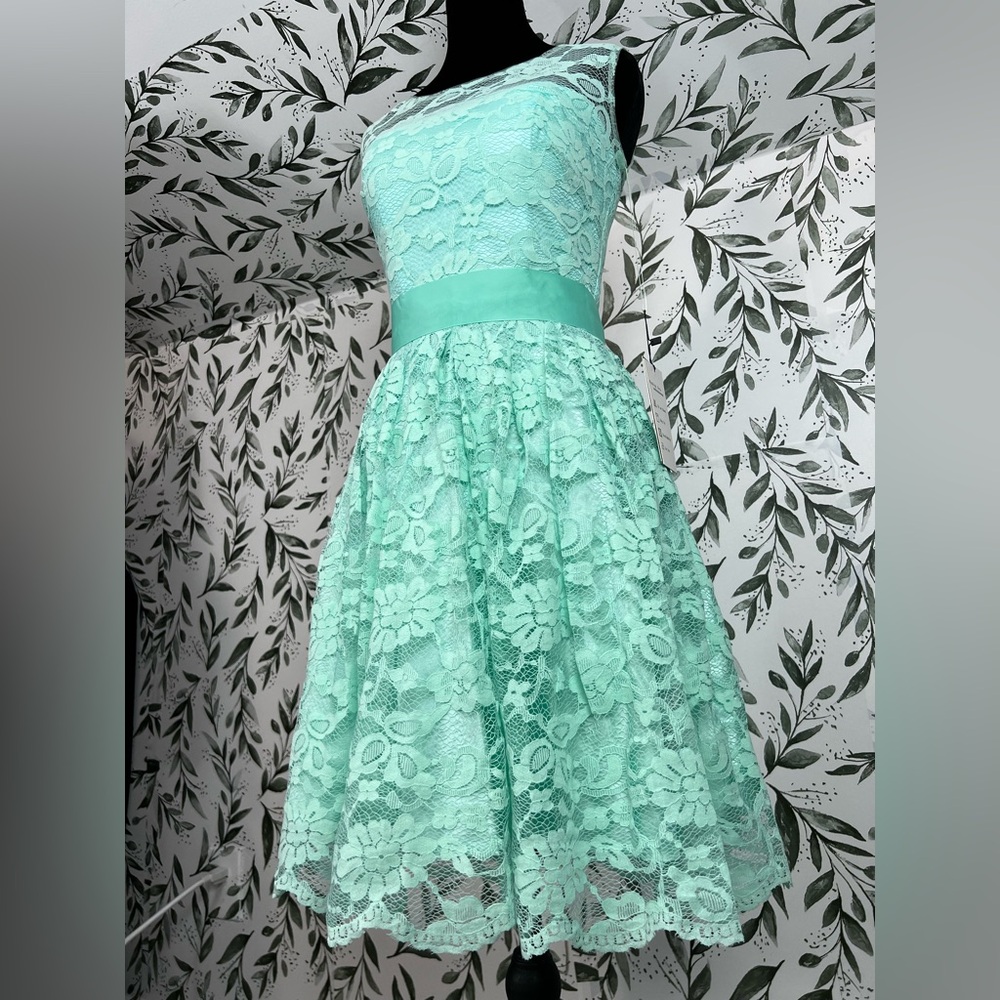 Elegant Lace Mint Green Prom Bridesmaid Cocktail Dress Sz XS Satin Waistband #D - Picture 8 of 16